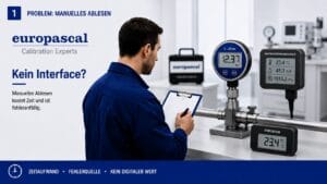 europascal Kalibrierlabor: Techniker liest Messwerte von Digitalmanometer, Temperatur- und Umgebungslogger manuell ab und dokumentiert sie auf Papier.